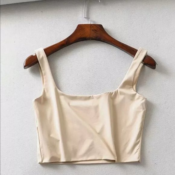 Tan Beige Natural Classy Crop top / Short sleeves tank top - Picture 3 of 6